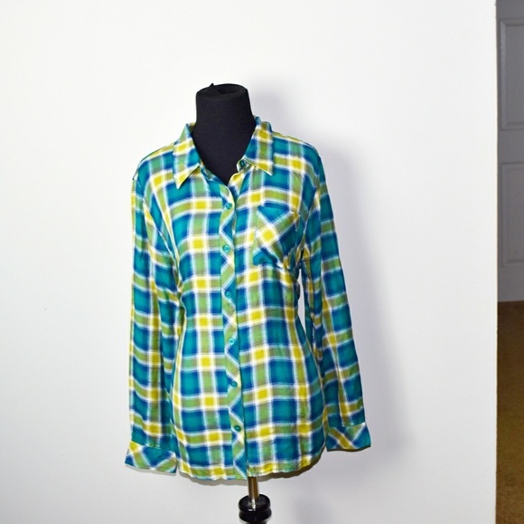 Christopher & Banks Tops - Christopher & Banks Aqua and Green Plaid Shirt